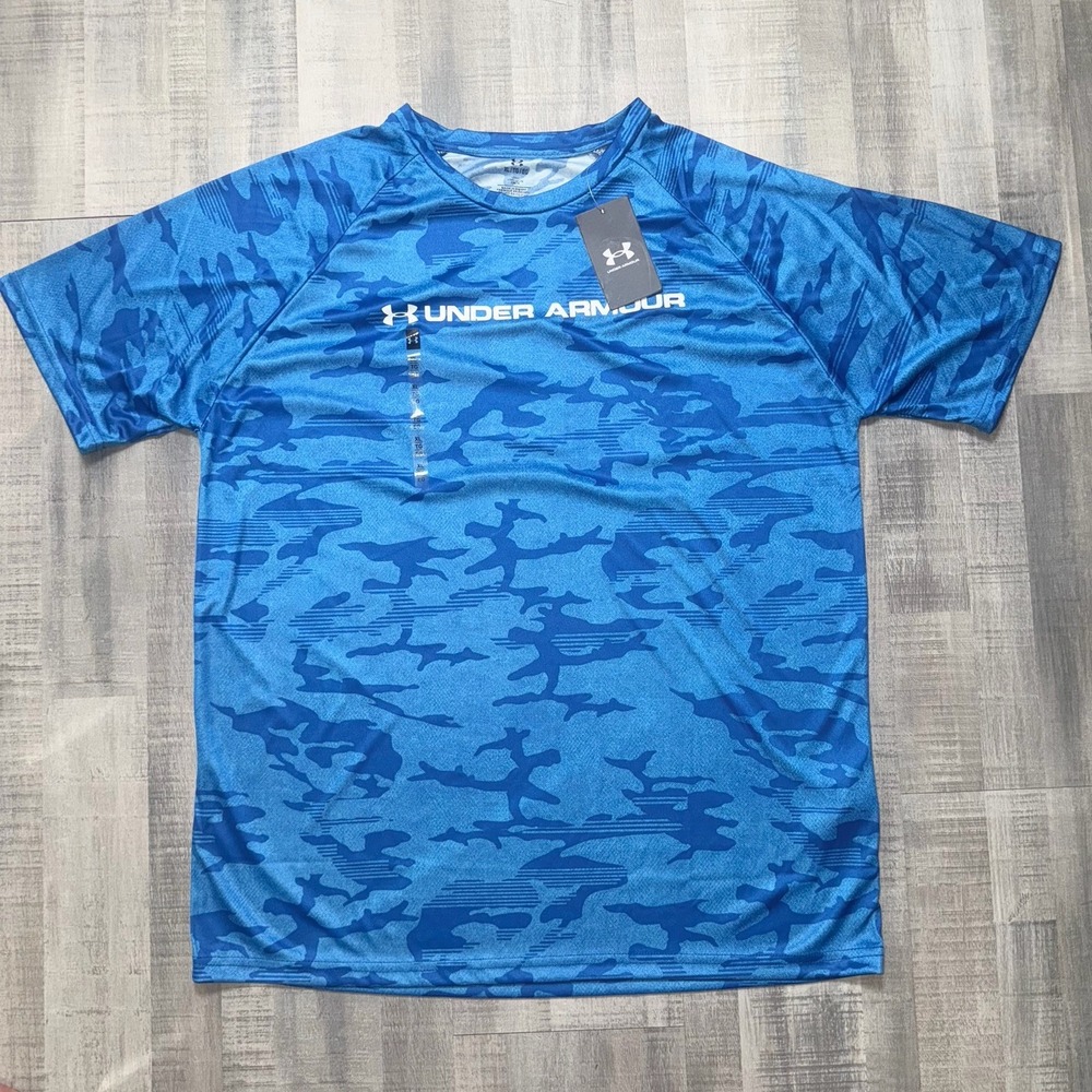 Under Armour UA Tech ABC Camo Short Sleeve Shirt XL Blue 1361698 400 Print New